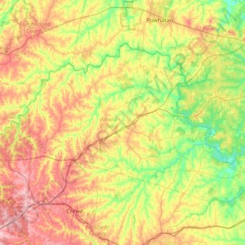 Mappa topografica Amelia County, altitudine, rilievo