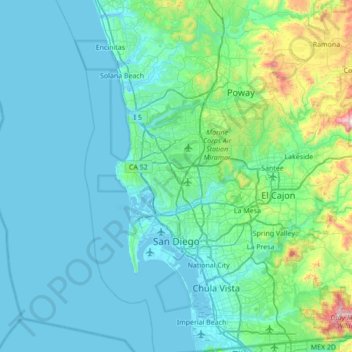 Mappa topografica San Diego, altitudine, rilievo