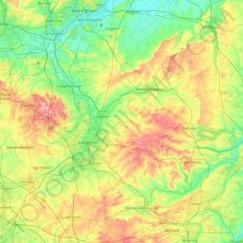 Mappa topografica Leicestershire, altitudine, rilievo