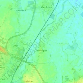 Mappa topografica Horningsea, altitudine, rilievo