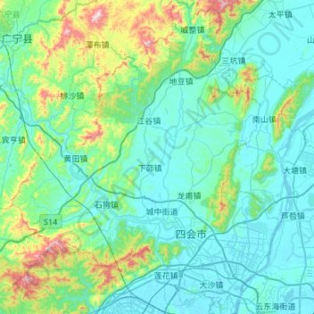 Mappa topografica 四会市, altitudine, rilievo