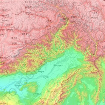 Mappa topografica Arunachal Pradesh, altitudine, rilievo