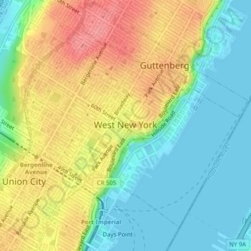 Mappa topografica West New York, altitudine, rilievo