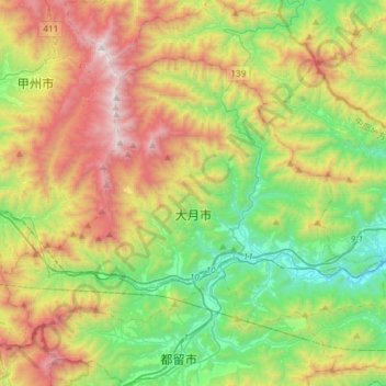 Mappa topografica 大月市, altitudine, rilievo