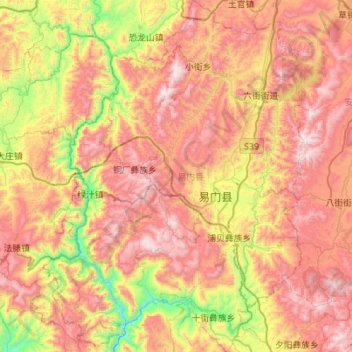 Mappa topografica 易门县, altitudine, rilievo
