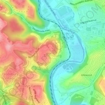 Mappa topografica Thornburg, altitudine, rilievo