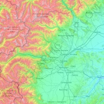 Mappa topografica Torino, altitudine, rilievo