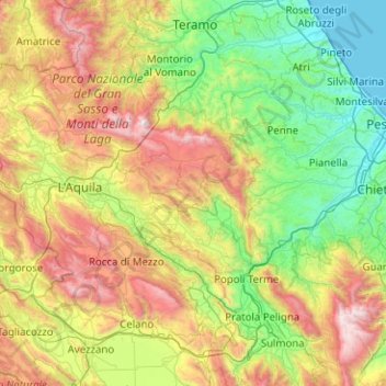 Mappa topografica Fiume Aterno-Pescara, altitudine, rilievo