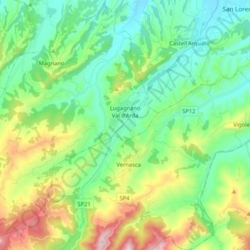 Mappa topografica Lugagnano Val d'Arda, altitudine, rilievo
