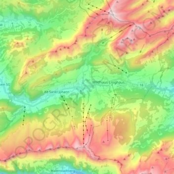 Mappa topografica Wildhaus-Alt St. Johann, altitudine, rilievo