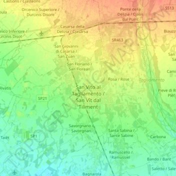 Mappa topografica San Vito al Tagliamento, altitudine, rilievo