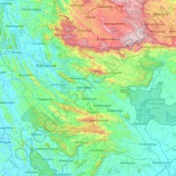 Mappa topografica Ratnapura District, altitudine, rilievo