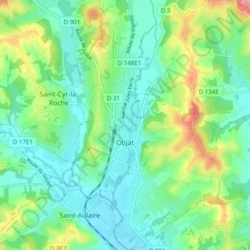 Mappa topografica Objat, altitudine, rilievo