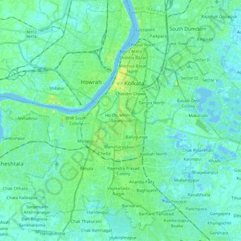 Mappa topografica Kolkata, altitudine, rilievo