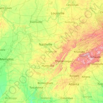 Mappa topografica Tennessee, altitudine, rilievo