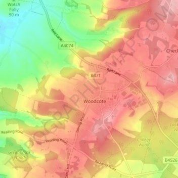 Mappa topografica Woodcote, altitudine, rilievo
