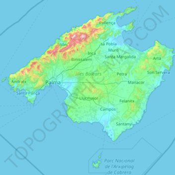 Mappa topografica Maiorca, altitudine, rilievo