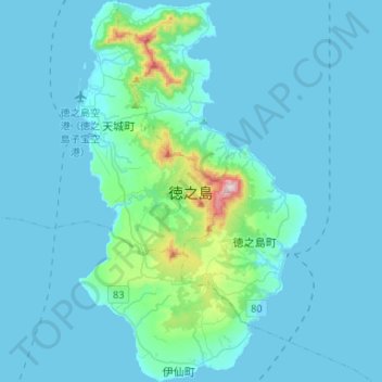 Mappa topografica Tokunoshima, altitudine, rilievo