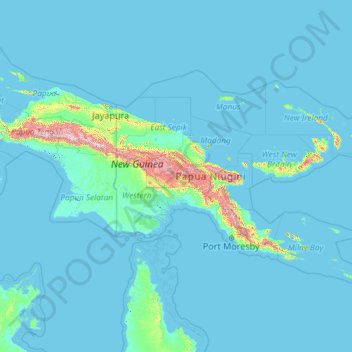 Mappa topografica Papua Nuova Guinea, altitudine, rilievo