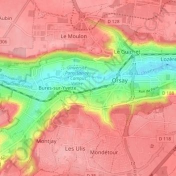 Mappa topografica Orsay, altitudine, rilievo