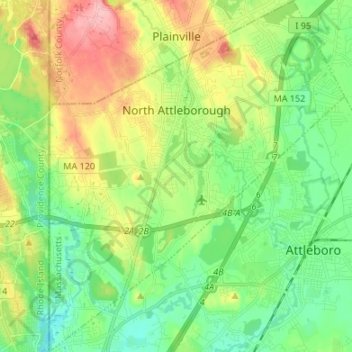 Mappa topografica North Attleborough, altitudine, rilievo