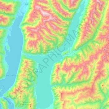 Mappa topografica Lake Hāwea, altitudine, rilievo