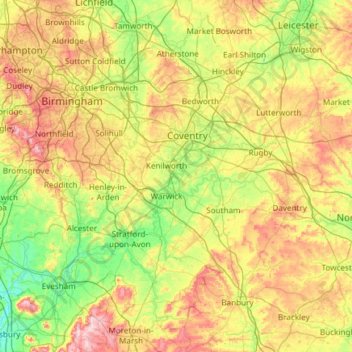 Mappa topografica Warwickshire, altitudine, rilievo