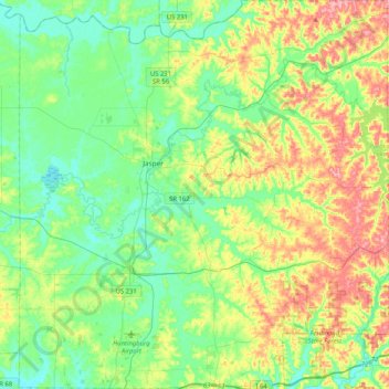 Mappa topografica Dubois County, altitudine, rilievo