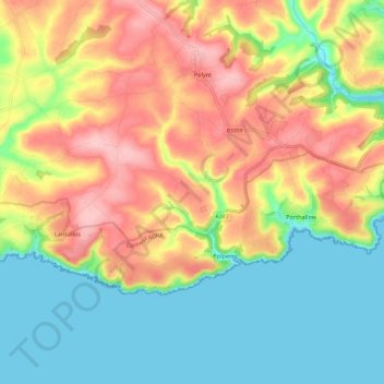 Mappa topografica Polperro, altitudine, rilievo