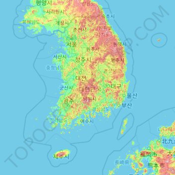 Mappa topografica Corea del Sud, altitudine, rilievo