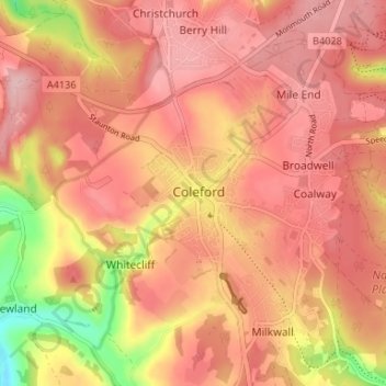 Mappa topografica Coleford, altitudine, rilievo