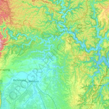 Mappa topografica Hawkesbury River, altitudine, rilievo