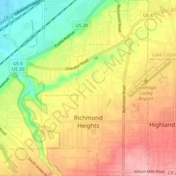 Mappa topografica Richmond Heights, altitudine, rilievo