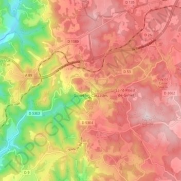 Mappa topografica Gimel-les-Cascades, altitudine, rilievo