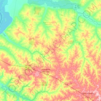 Mappa topografica Presidente Venceslau, altitudine, rilievo
