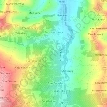 Mappa topografica Montescano, altitudine, rilievo