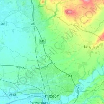 Mappa topografica Preston, altitudine, rilievo