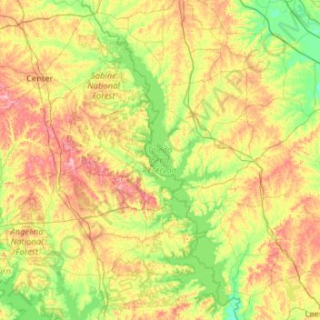 Mappa topografica Toledo Bend Reservoir, altitudine, rilievo