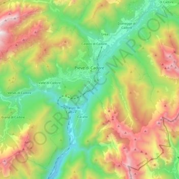 Mappa topografica Pieve di Cadore, altitudine, rilievo