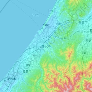 Mappa topografica Kanazawa, altitudine, rilievo