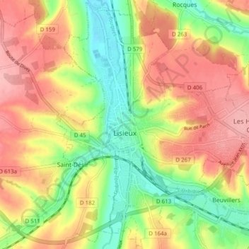 Mappa topografica Lisieux, altitudine, rilievo