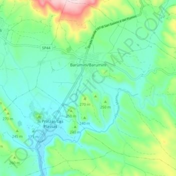 Mappa topografica Barumini, altitudine, rilievo
