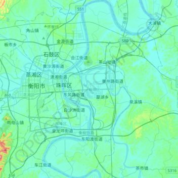 Mappa topografica 珠晖区, altitudine, rilievo