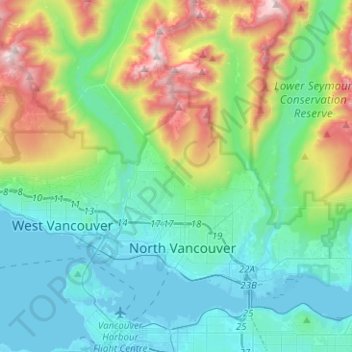 Mappa topografica District of North Vancouver, altitudine, rilievo