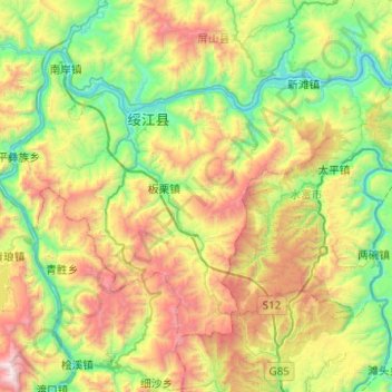 Mappa topografica 绥江县, altitudine, rilievo
