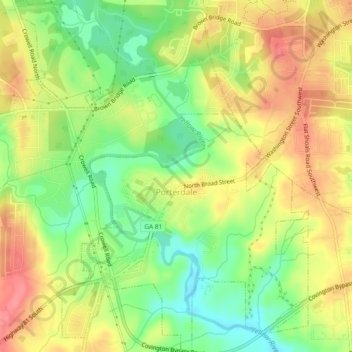 Mappa topografica Porterdale, altitudine, rilievo