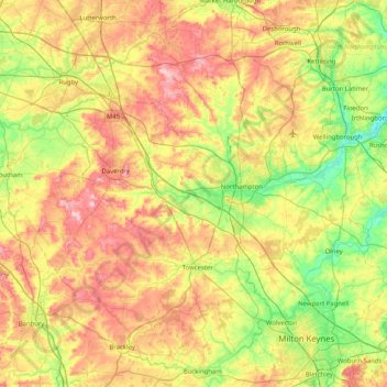 Mappa topografica West Northamptonshire, altitudine, rilievo