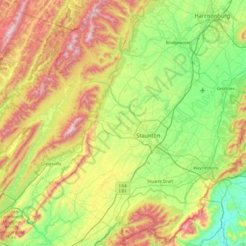 Mappa topografica Augusta County, altitudine, rilievo
