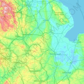 Mappa topografica East Midlands, altitudine, rilievo