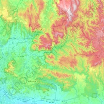 Mappa topografica Shire of Yarra Ranges, altitudine, rilievo